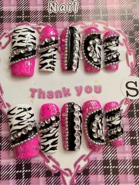 Handmade Trendy Pink Zebra Rhinestone Press-On Nail Set